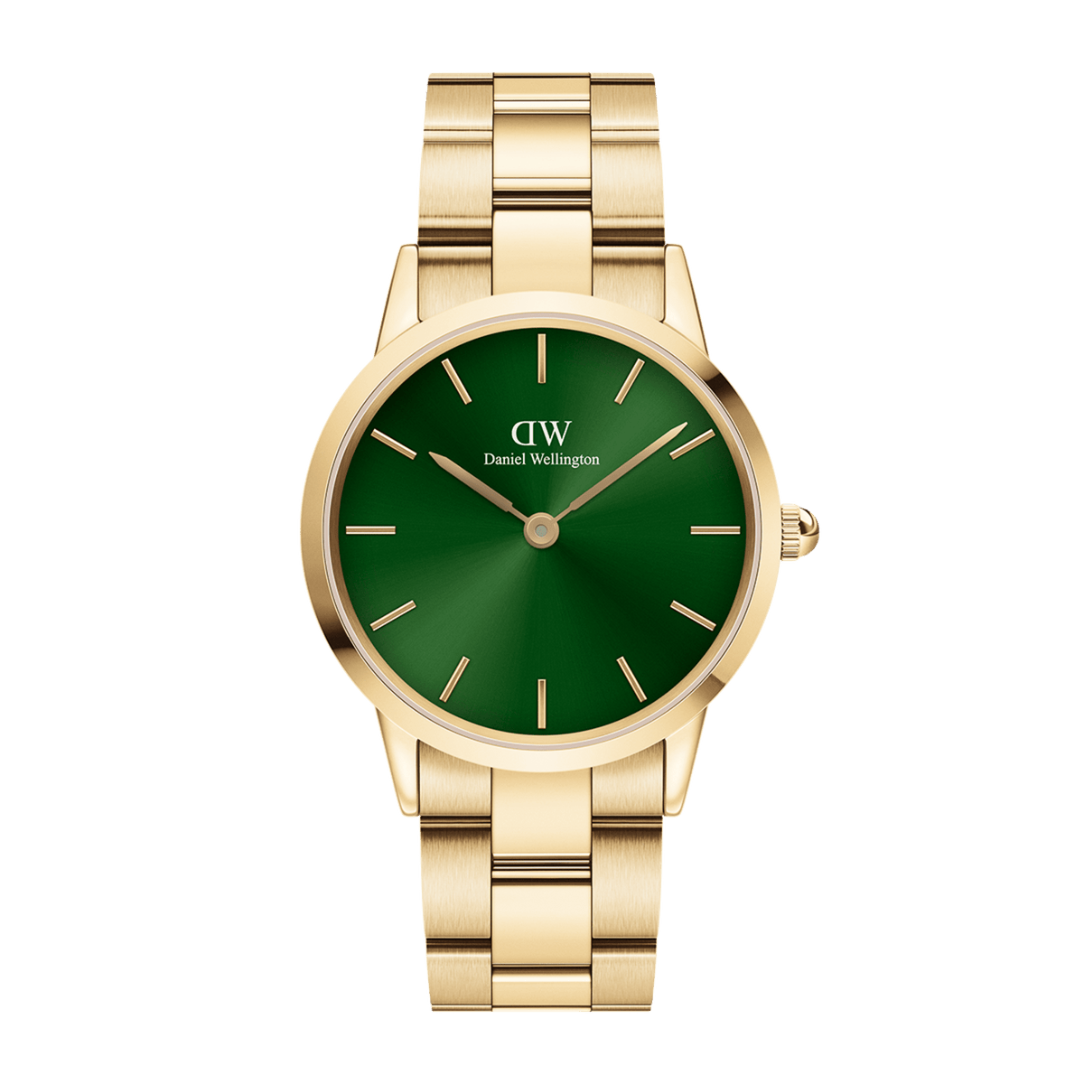 The Iconic Link Emerald Gold watch features a polished gold stainless steel bracelet and a striking emerald green dial with minimalist gold hour markers, offering a refined and modern look for women.