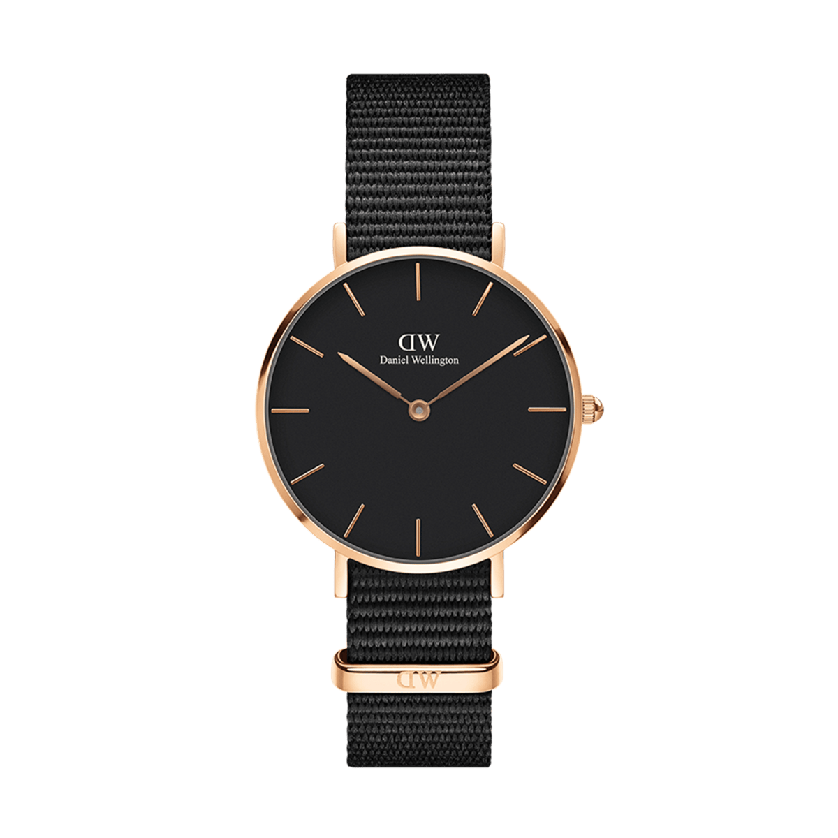 Petite Cornwall Black Rose Gold women’s watch with a slim black dial, rose gold stainless steel case, and an adjustable black NATO fabric strap, showcasing a minimalist and elegant design.