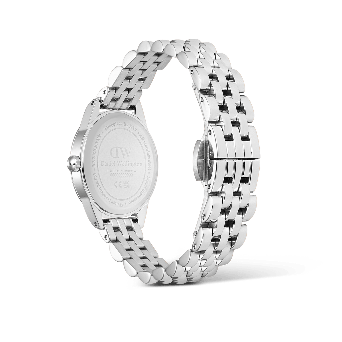 Rear view of the Ophelia Mini Ice Blue Silver watch, highlighting the polished stainless steel bracelet, butterfly clasp, and engraved case back for a refined, durable finish.