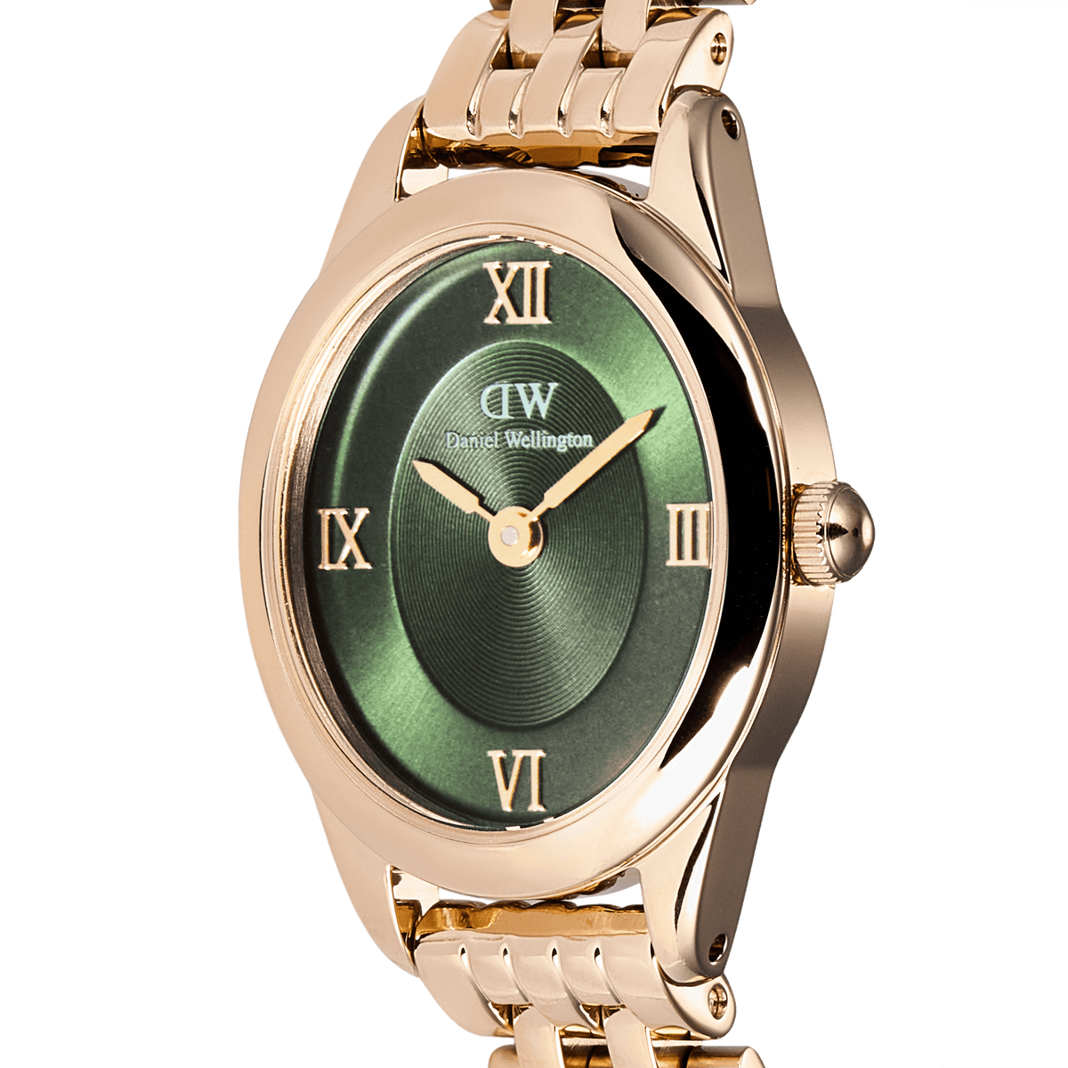 Close-up of the Ophelia Mini Emerald Rose Gold watch highlighting the oval rose gold case, emerald green sunray dial with Roman numerals, and polished beans link bracelet.