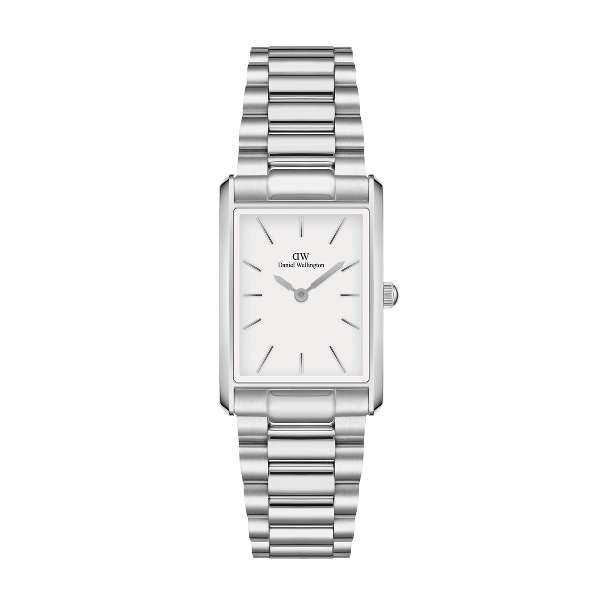 Bound 3-Link Silver watch with a rectangular stainless steel case, minimalist white dial, and a polished three-link silver bracelet, designed for versatile everyday wear.