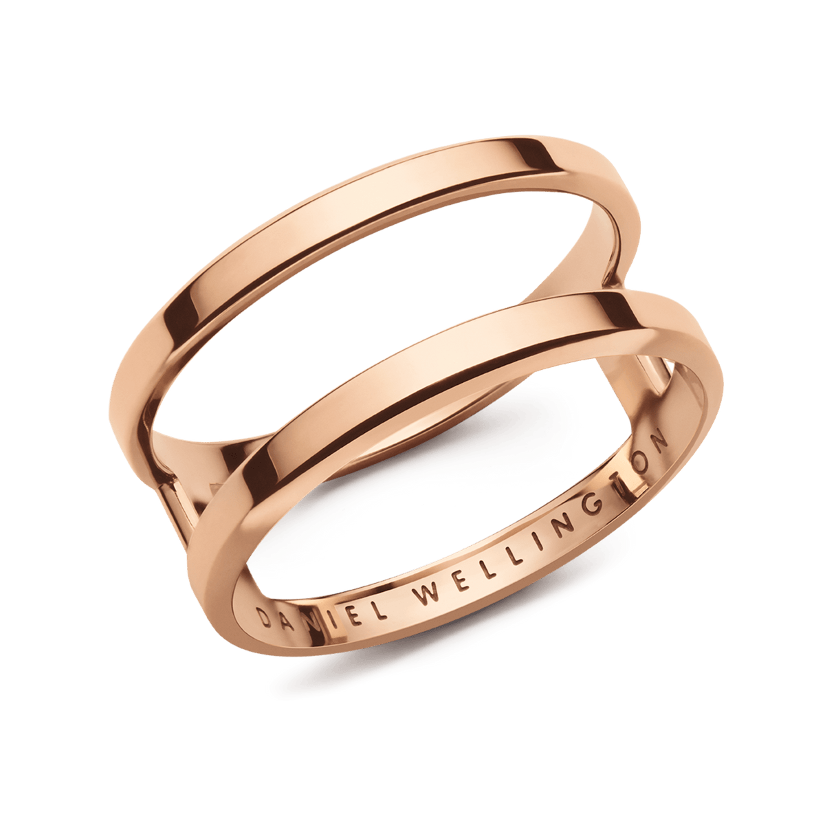 Rose gold Elan Dual Ring featuring a double-band design with minimalist lines, crafted from stainless steel and engraved with the Daniel Wellington logo on the inside.