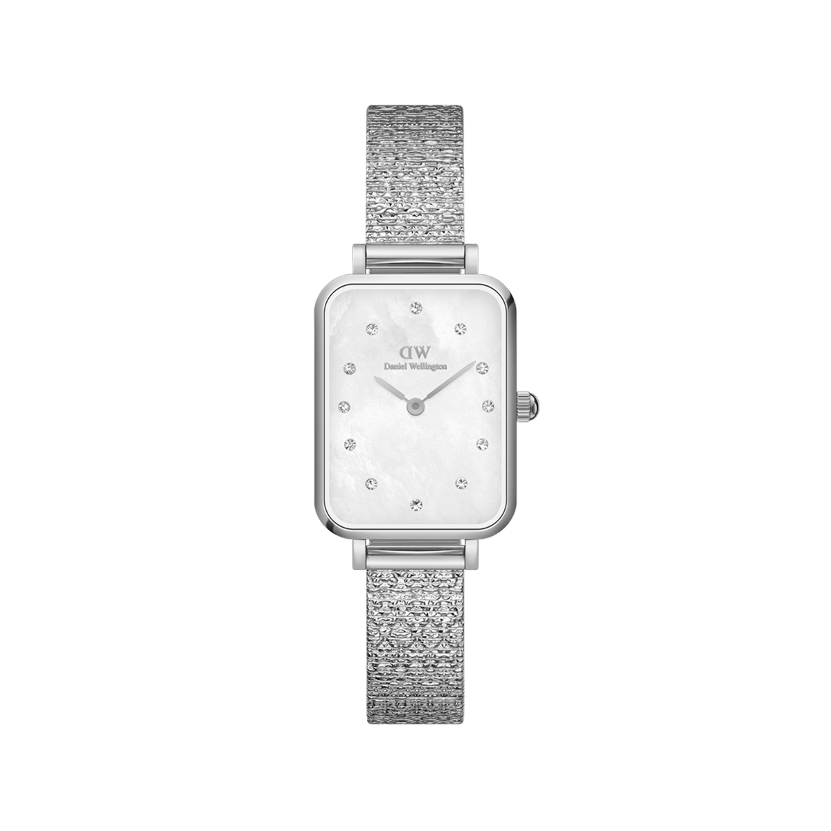 Quadro Lumine Pressed Piano White MoP Silver ladies watch with a rectangular stainless steel case, mother of pearl dial, crystal indexes, and a slim silver piano link bracelet.