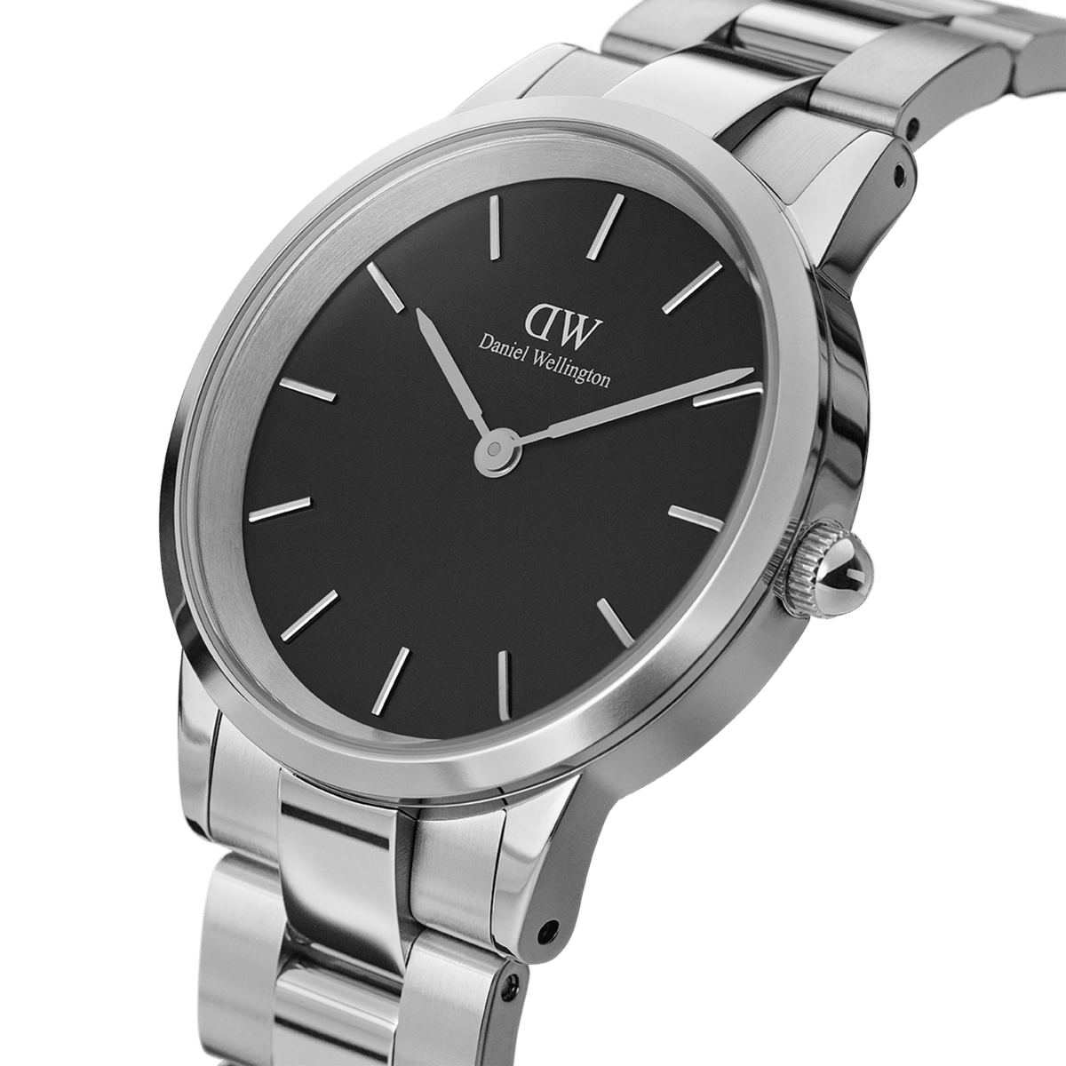 Close-up of the Daniel Wellington Iconic Link watch showing its brushed stainless steel bracelet, minimalist black dial, and slim silver markers for a refined, modern look.