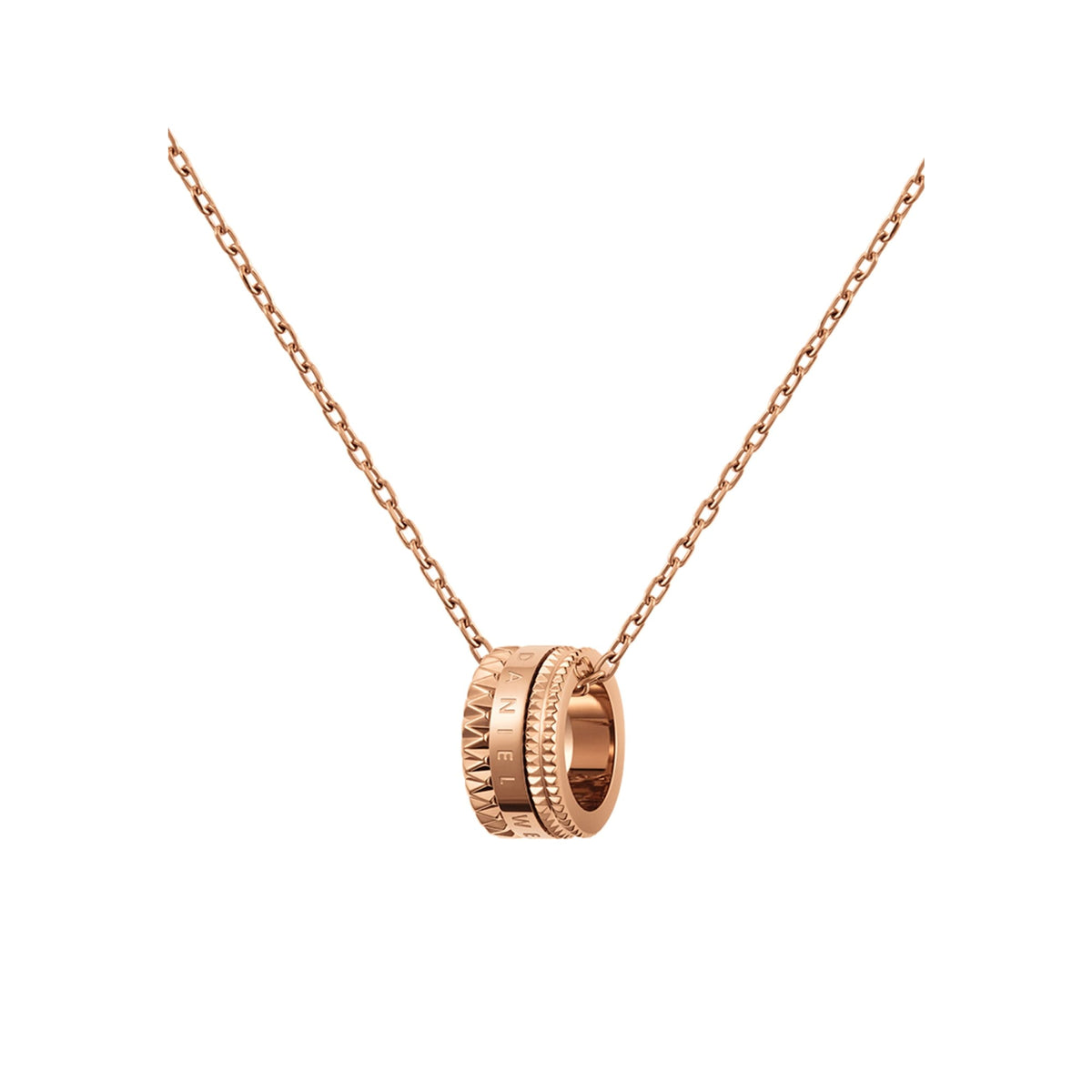 Rose gold Elevation Necklace with a bold geometric ring pendant and intricate detailing, hanging from a fine cable chain.