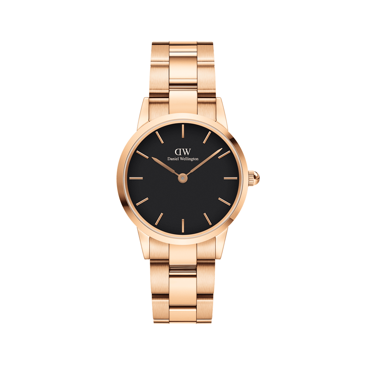 Daniel Wellington Iconic Link Black Rose Gold watch with a round black dial, slim rose gold hour markers, and a rose gold stainless steel bracelet, designed for both men and women.