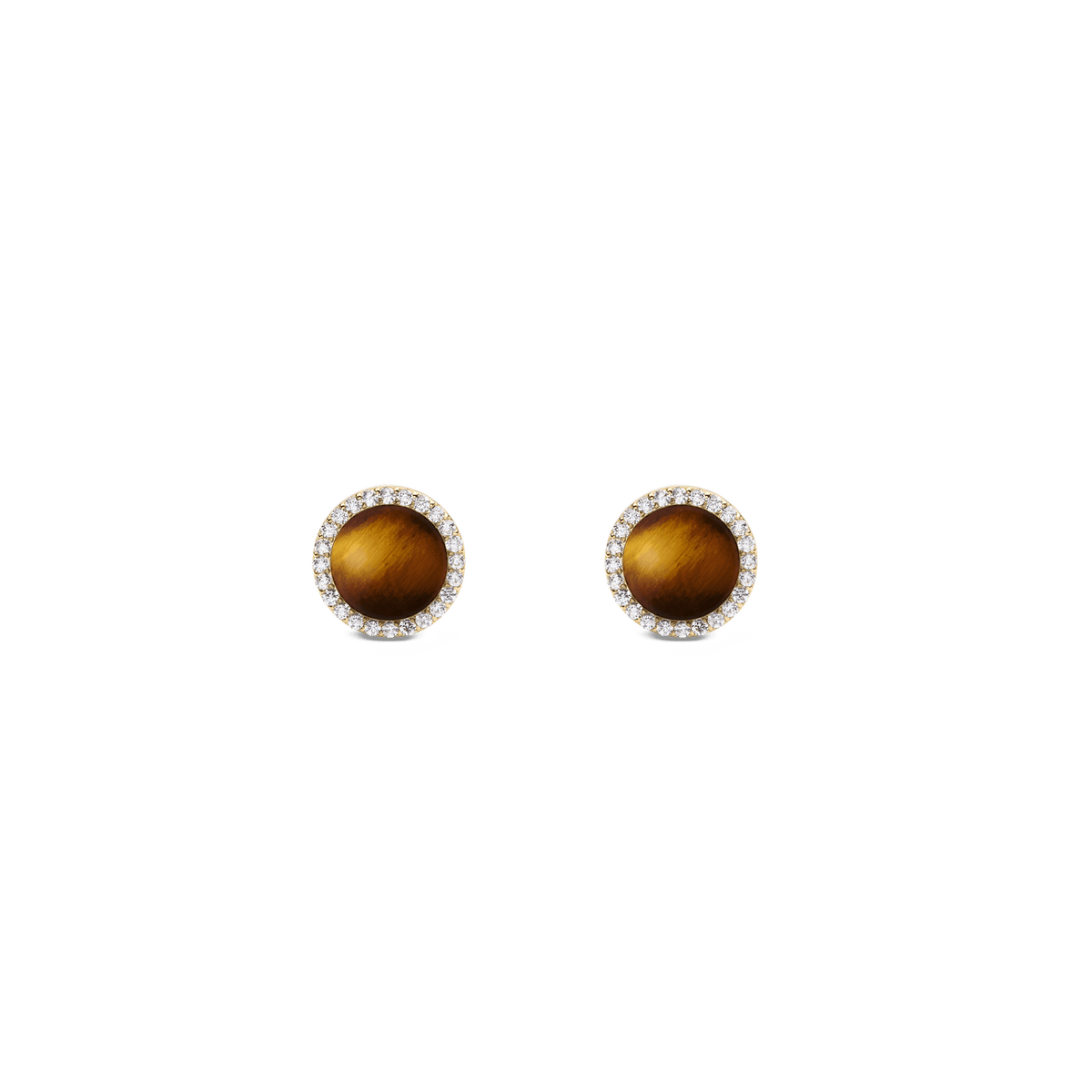 A pair of Daniel Wellington Audrey Earrings Tiger Eye Gold featuring round tiger eye stones set in polished gold, each surrounded by a halo of sparkling white cubic zirconia crystals.