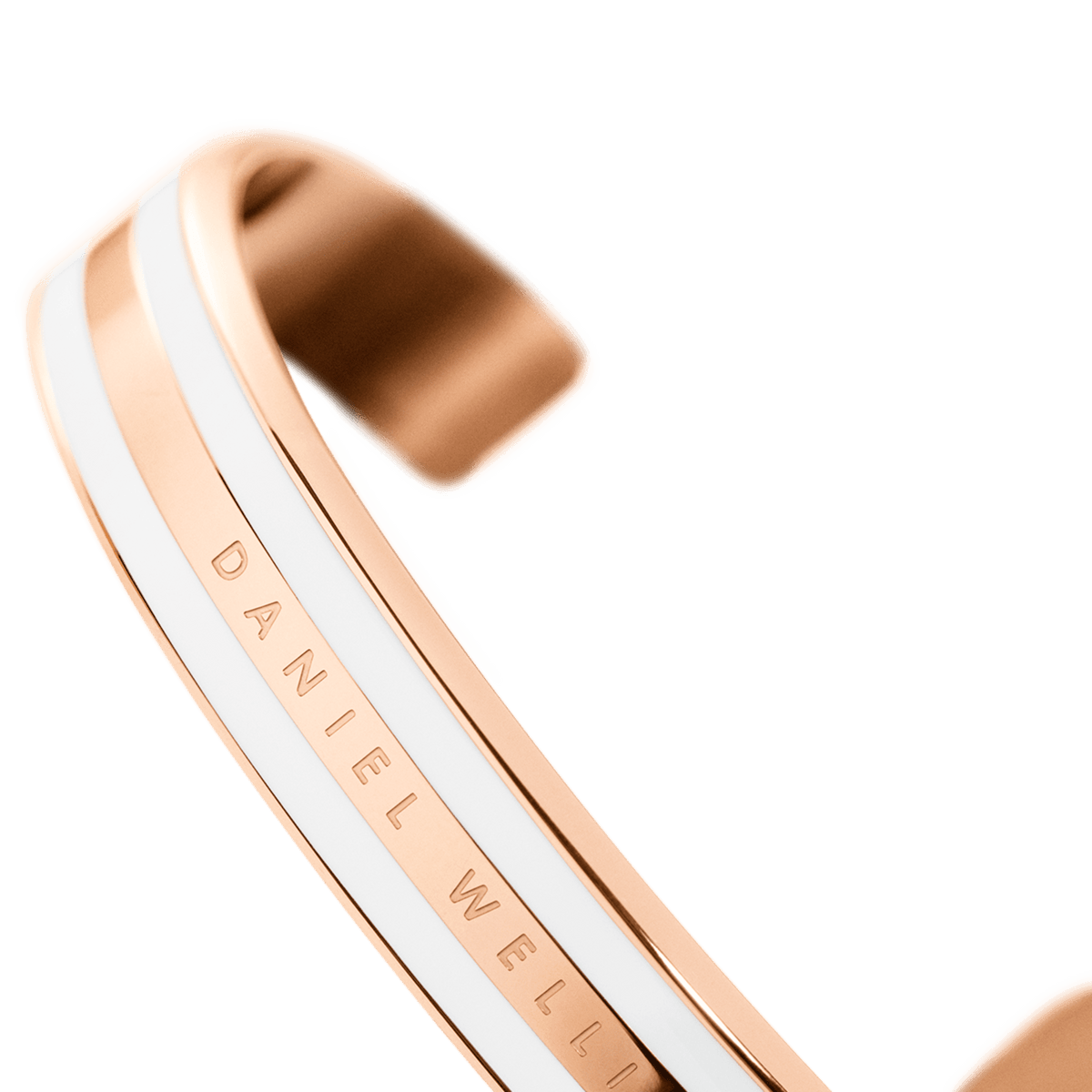 Emalie Bracelet Satin White Rose Gold shown in close-up, highlighting the smooth satin white enamel, rose gold finish, and Daniel Wellington logo on the cuff.