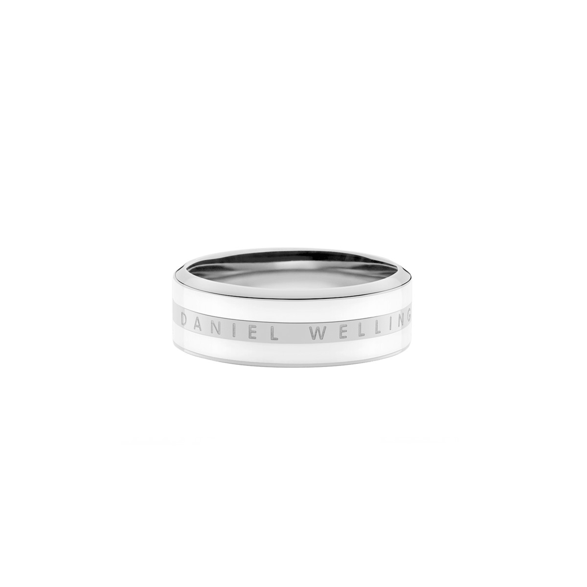 Minimalist Emalie Ring Silver with a polished stainless steel band, satin white enamel detailing, and Daniel Wellington engraving, shown from a flat side profile.