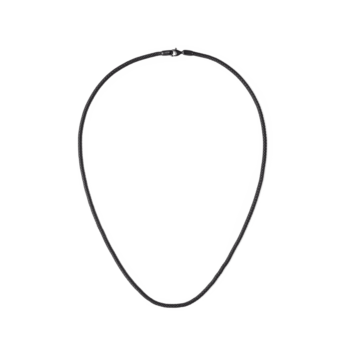 Black mesh chain necklace with a sleek, minimal design and a secure lobster clasp, crafted from 316L stainless steel for a modern, versatile accessory.