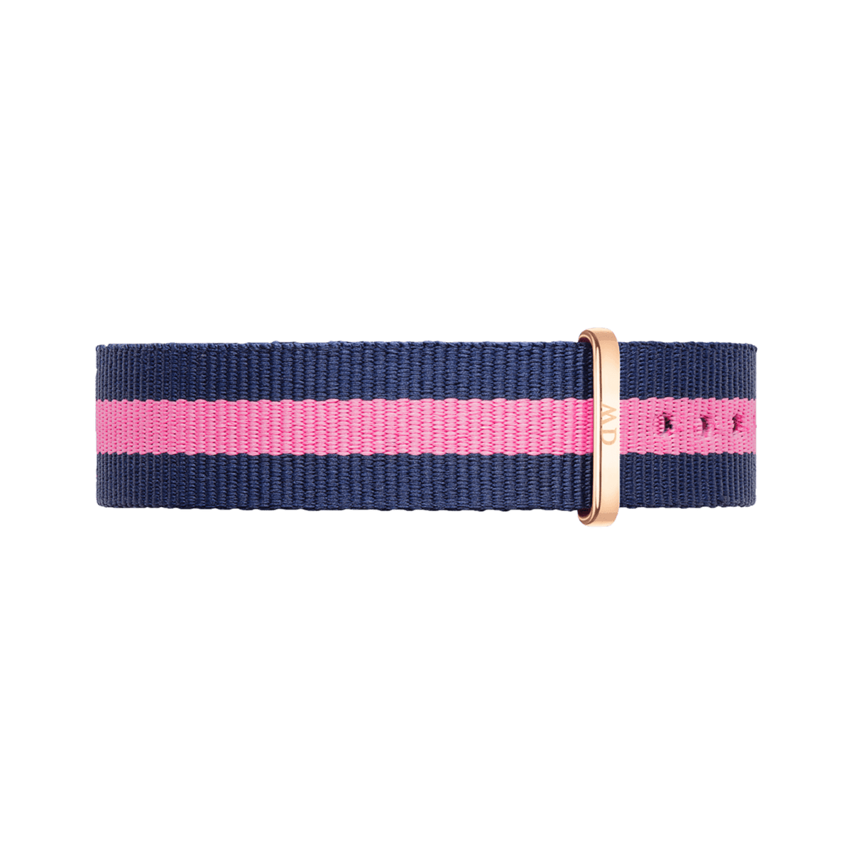 Navy and pink NATO fabric strap with a rose gold buckle, designed for the Classic Winchester Rose Gold women’s watch and adjustable for a comfortable fit.