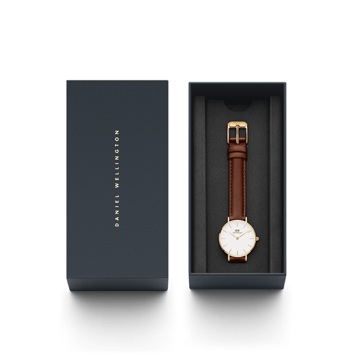 Petite St Mawes Gold presented in a sleek Daniel Wellington gift box, featuring a gold-plated case, minimalist white dial, and brown leather strap, ideal for gifting or adding a classic gold watch to your collection.