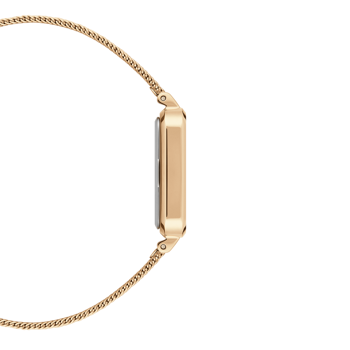 Side profile of the Quadro Pressed Evergold Gold watch, showing its slim rectangular gold case and lightweight gold mesh bracelet, ideal for a comfortable fit on small wrists.