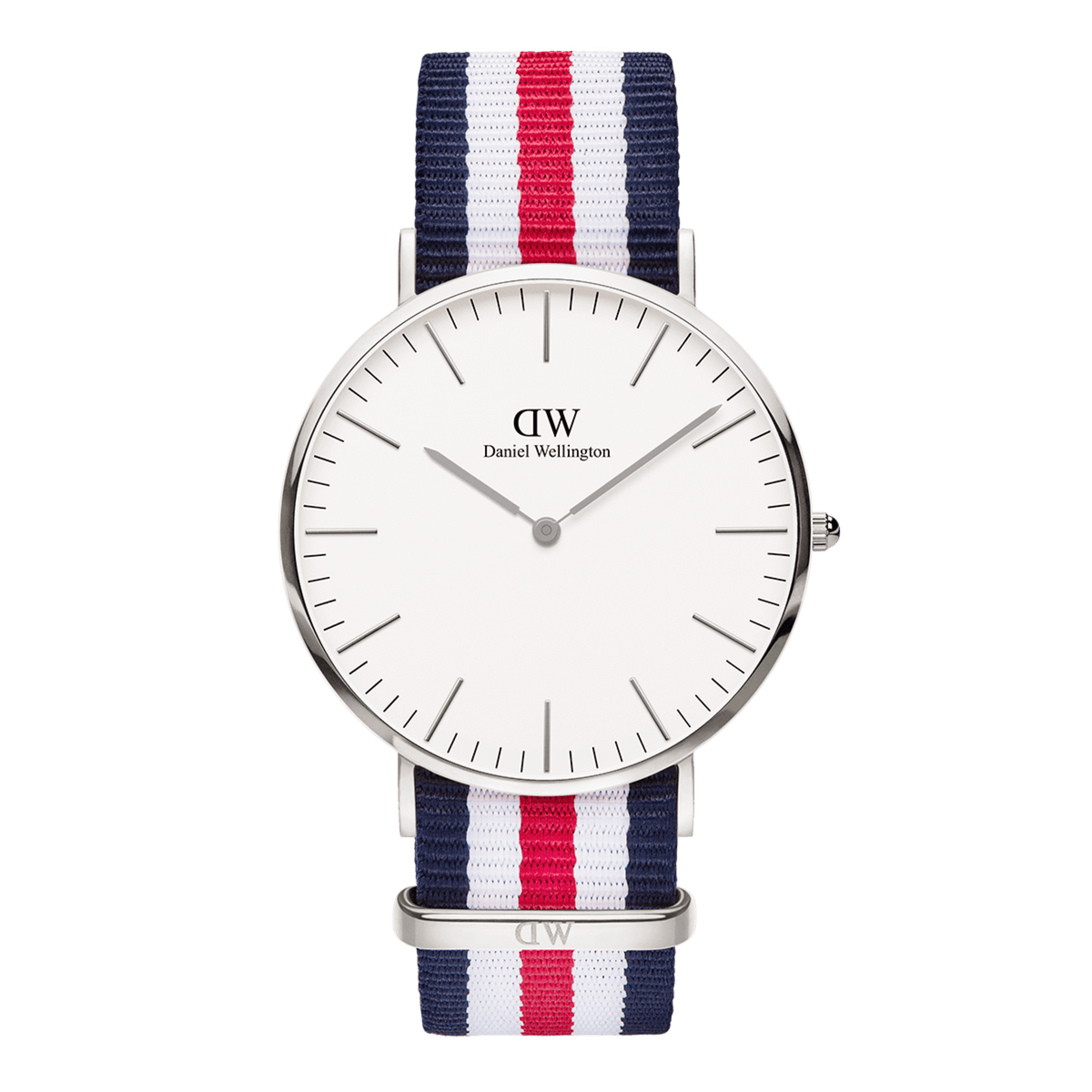 Classic Canterbury Silver features a polished silver case, minimalist eggshell white dial, and a blue, red, and white striped NATO strap, offering a versatile and stylish option for both men and women.