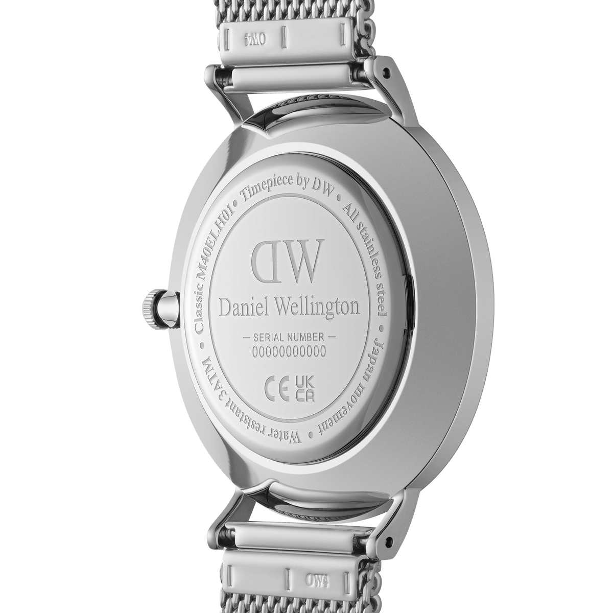 Back view of the Classic Multi-Eye Sterling Arctic men's watch, showing the engraved stainless steel case, serial number, and silver mesh strap, highlighting its water resistance and premium craftsmanship.