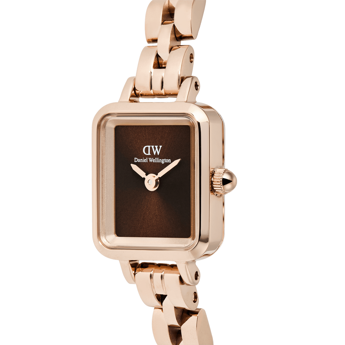 Quadro Mini Arch 3-link Amber Sunray Rose Gold watch with a close-up view of its rectangular brown sunray dial, polished rose gold case, and smooth 3-link bracelet, showcasing its minimalist design and premium finish.