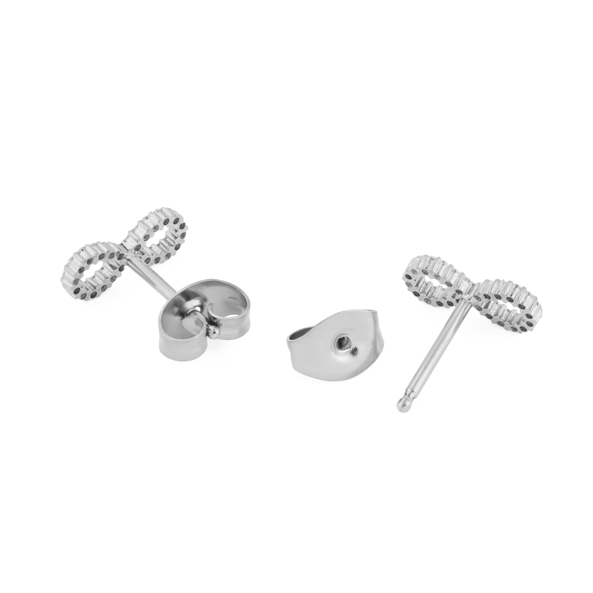 Back view of Mirelle Infinity Earring Silver stud earrings, showing the polished stainless steel posts, butterfly backs, and the textured infinity symbol design.