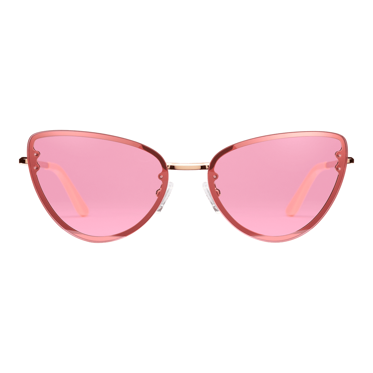 Lynx Steel Pink Gradient Rose Gold sunglasses featuring a rose gold plated stainless steel cat eye frame with pink gradient nylon lenses and adjustable silicone nose pads.