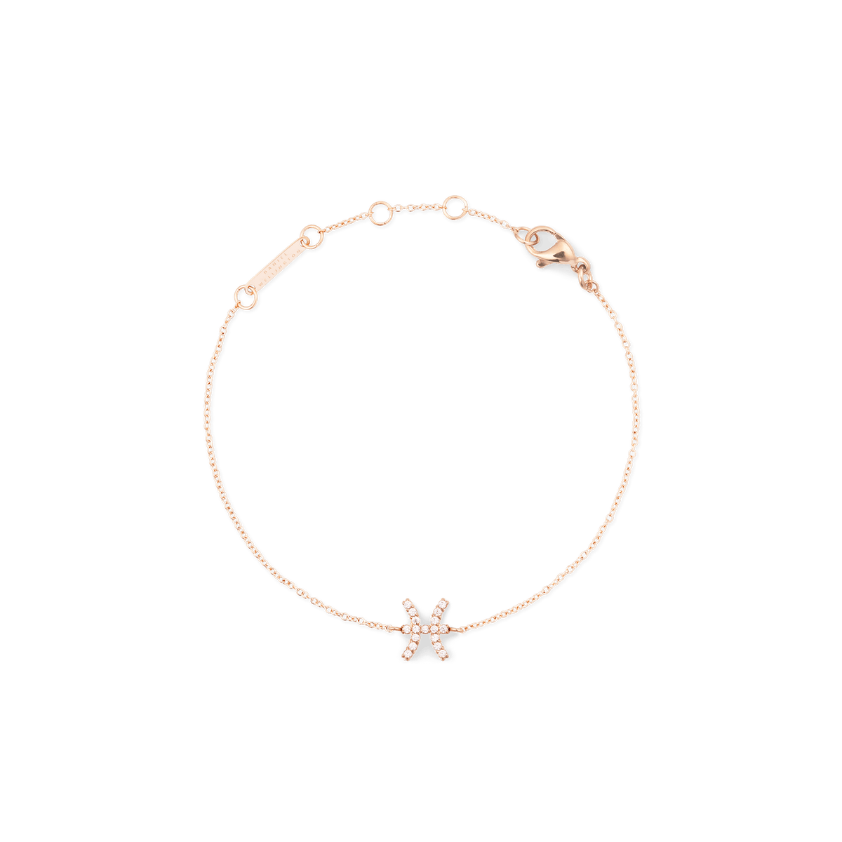 Crystal Zodiac Chain Bracelet Rose Gold featuring a slim rose gold chain with an adjustable clasp and a sparkling crystal-set Pisces zodiac pendant at the centre.