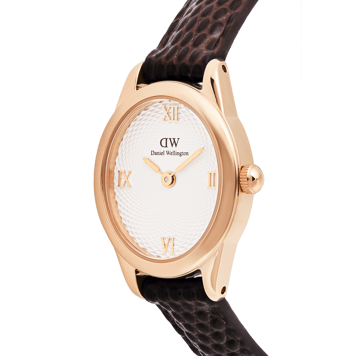 Close-up of the Ophelia Mini Dark Brown Lizard White Guilloché Rose Gold watch, highlighting its polished rose gold oval case, textured white guilloché dial with Roman numerals, and dark brown lizard-embossed leather strap.