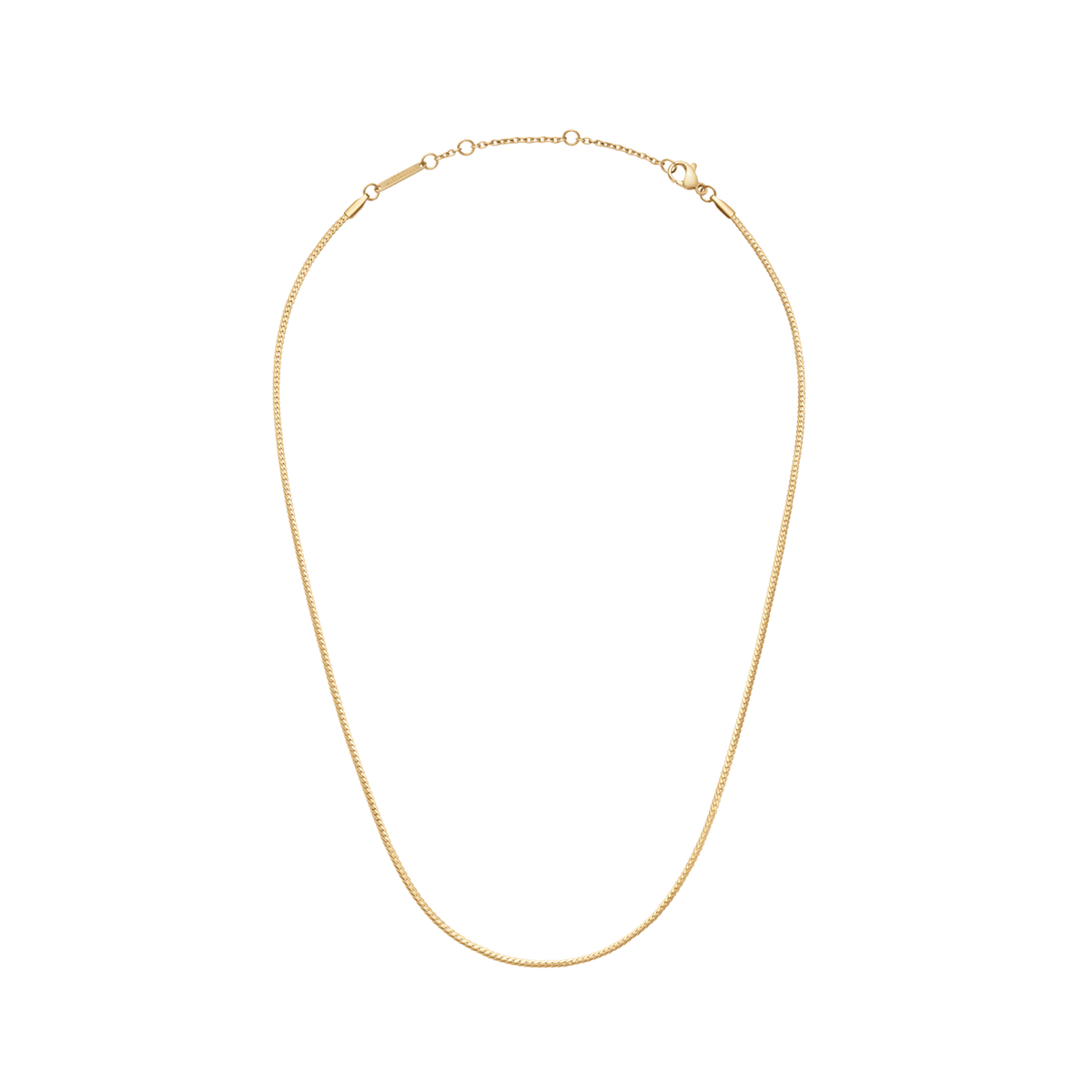 Flat Chain Necklace G featuring a slim, flat gold chain with adjustable length and a secure clasp, designed for a minimalist and elegant look.