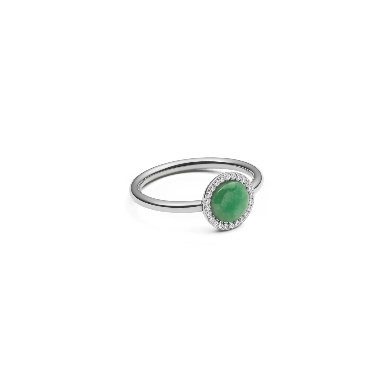 Audrey Ring Jade Silver features a polished silver band with a domed green jade centrepiece surrounded by a halo of white cubic zirconia, offering a refined and contemporary look.
