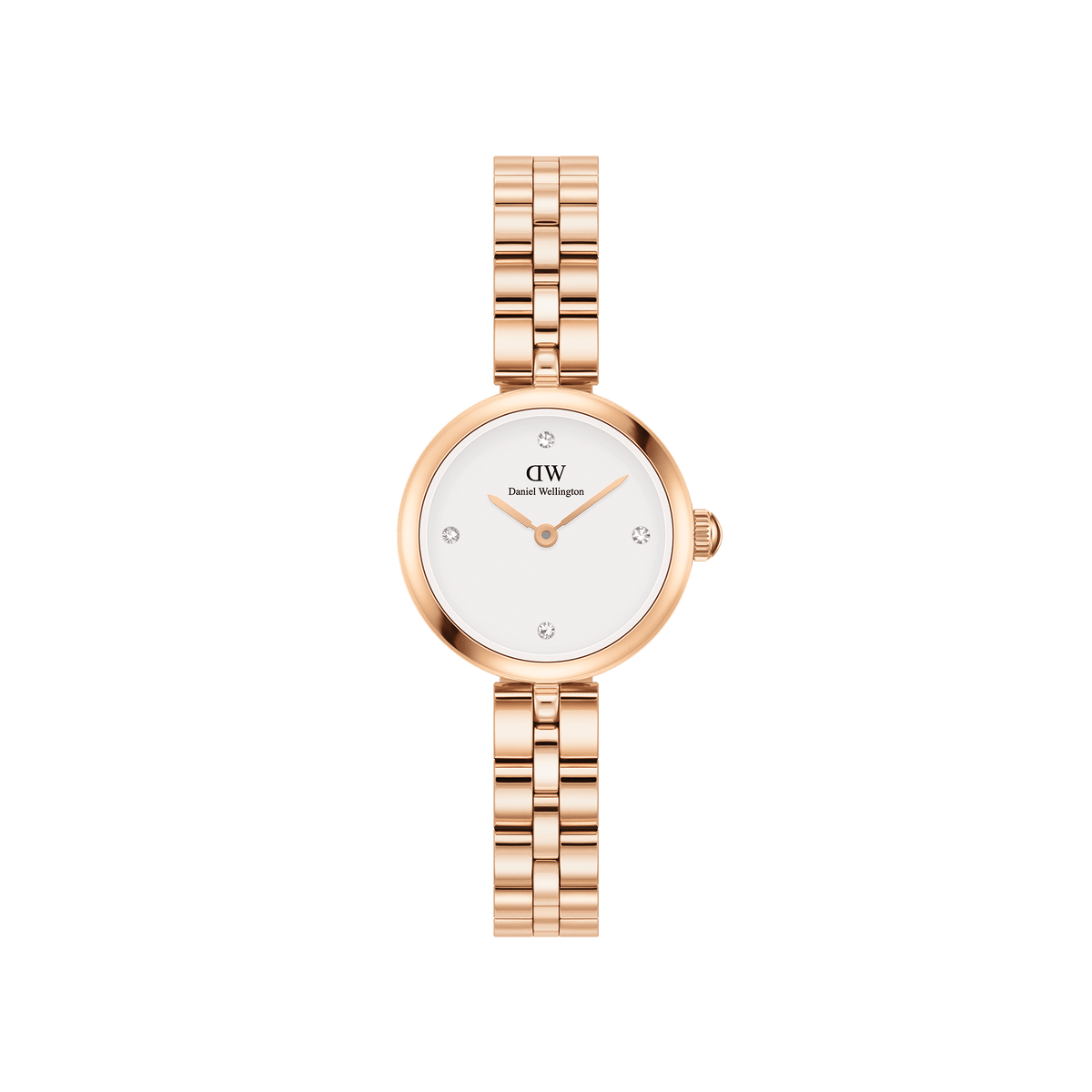 Elan Lumine Rose Gold ladies watch with a petite 22mm case, white minimalist dial, crystal markers, and a classic three-link rose gold bracelet.