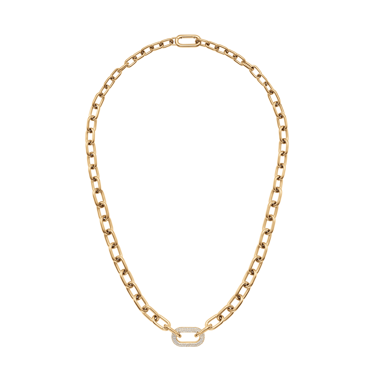 Chunky gold chain necklace with bold links and a crystal-embellished centre ring, featuring an adjustable length and a modern, versatile design suitable for women.