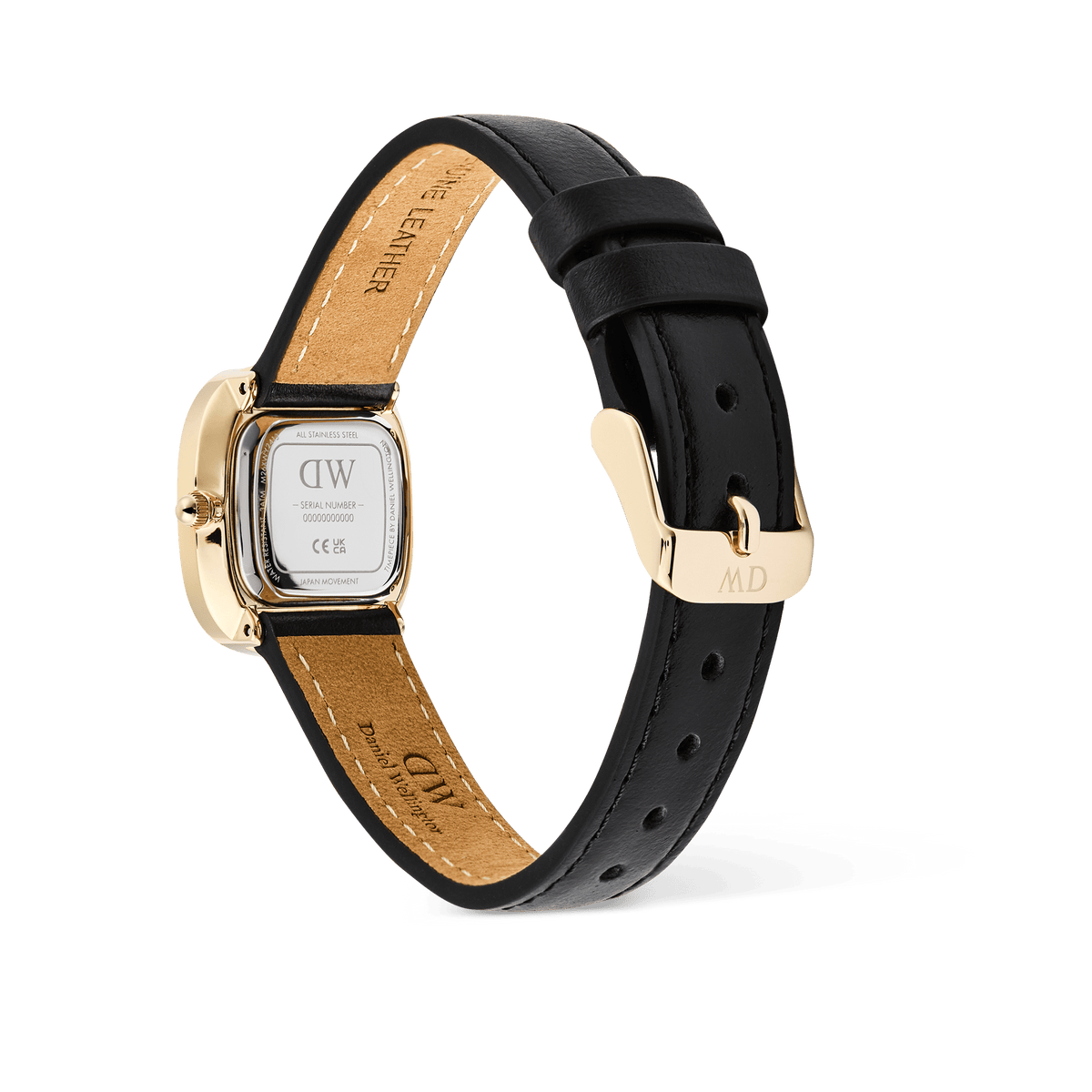 Rear view of the Margot Sheffield Unitone Sunray Gold ladies watch, showing the gold case back, genuine leather strap with adjustable holes, and polished gold buckle.