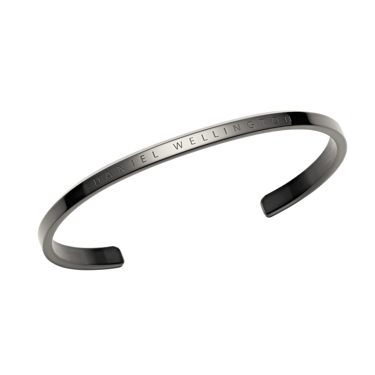 Classic Bracelet Graphite by Daniel Wellington shown from an angled perspective, highlighting its minimalist slim cuff design, graphite finish, and engraved branding for a contemporary jewellery look.