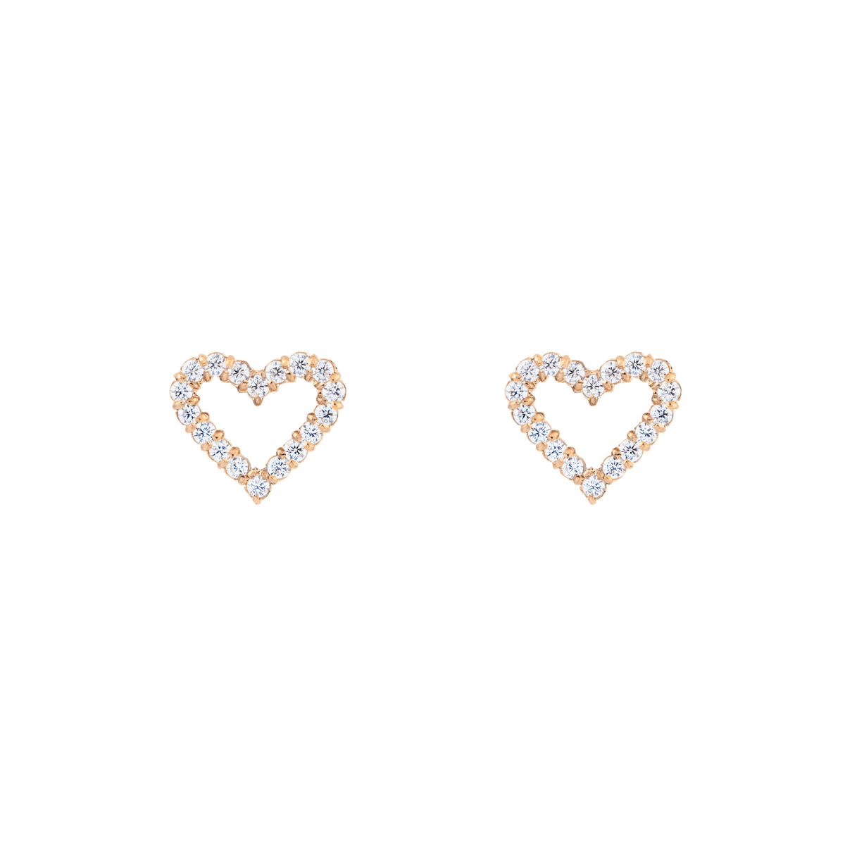 Pair of Mirelle Heart Earring Rose Gold studs featuring an open heart shape outlined with white cubic zirconia crystals, set in a rose gold finish.