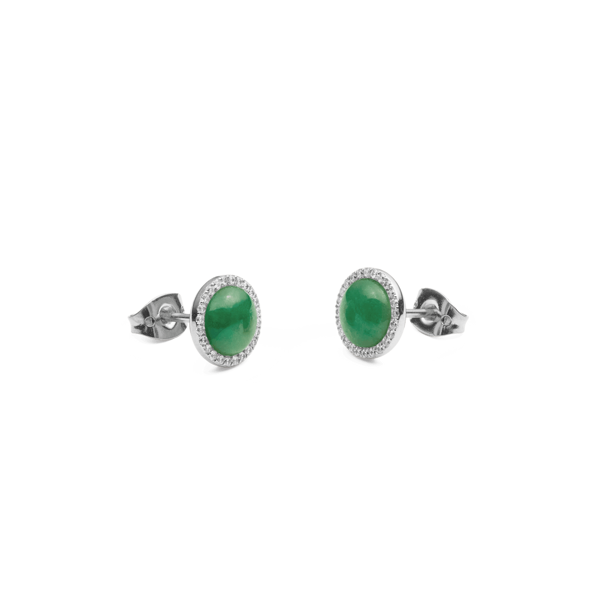 Daniel Wellington Audrey Earrings Jade Silver featuring round green jade stones set in polished silver, each surrounded by a halo of sparkling white cubic zirconia and finished with secure butterfly clasps.