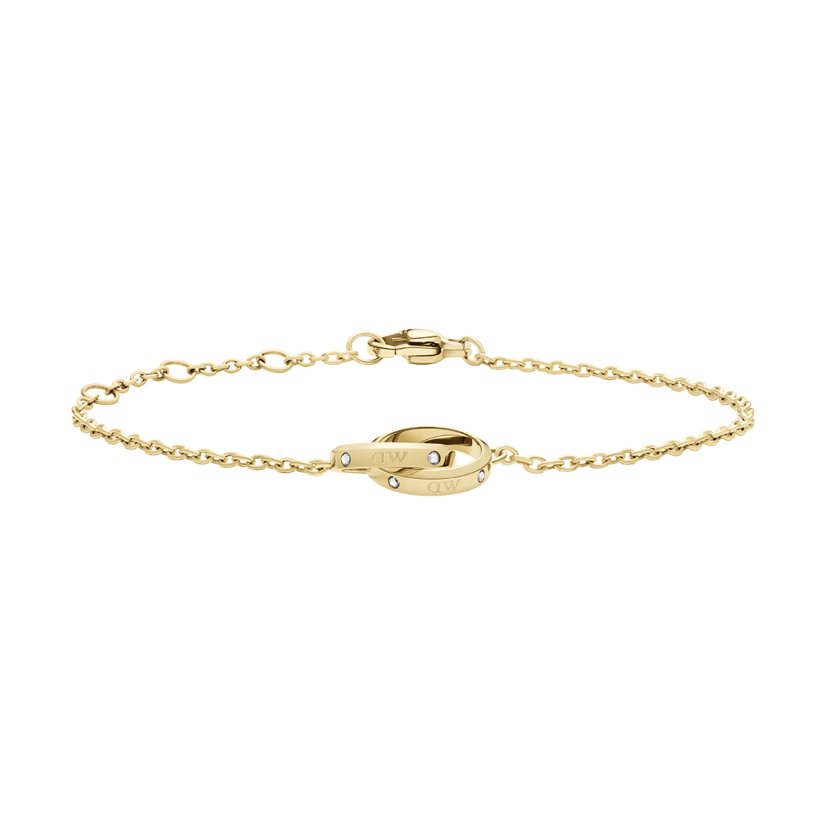 Classic Unity Lumine Gold bracelet featuring intertwined gold rings and sparkling crystals on a delicate adjustable chain, designed for a refined and modern look.