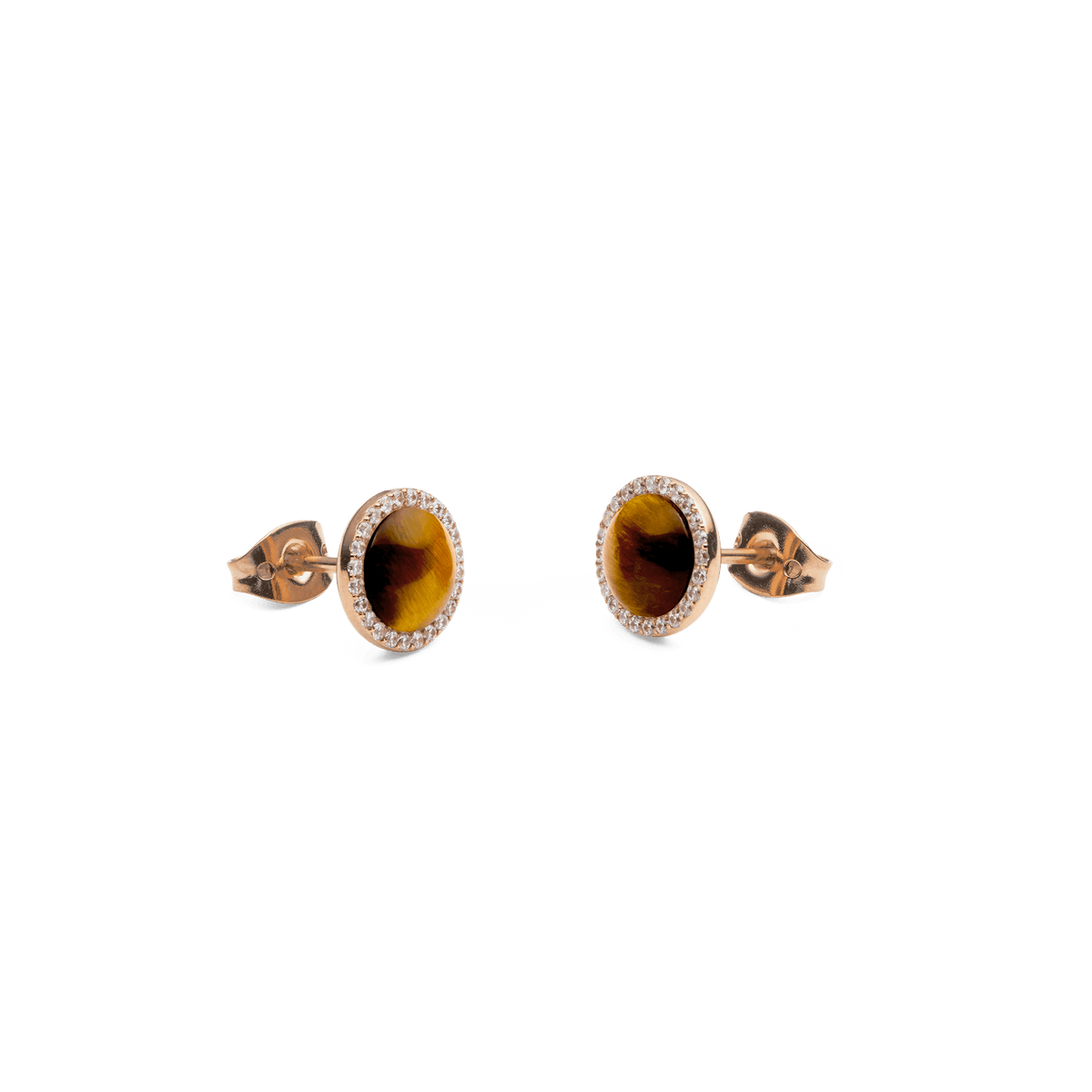 Audrey Earrings Tiger Eye Rose Gold feature round tiger eye stones set in rose gold, bordered by a halo of sparkling white cubic zirconia crystals and finished with secure stud backs.