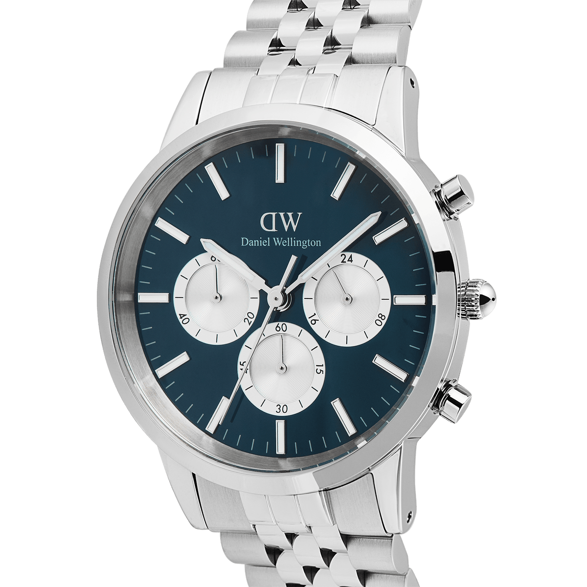 Iconic Chronograph Arch 5-Link Arctic Panda Silver men's watch with a blue face, silver sub-dials, and a polished stainless steel bracelet, highlighting the chronograph details and classic round case.