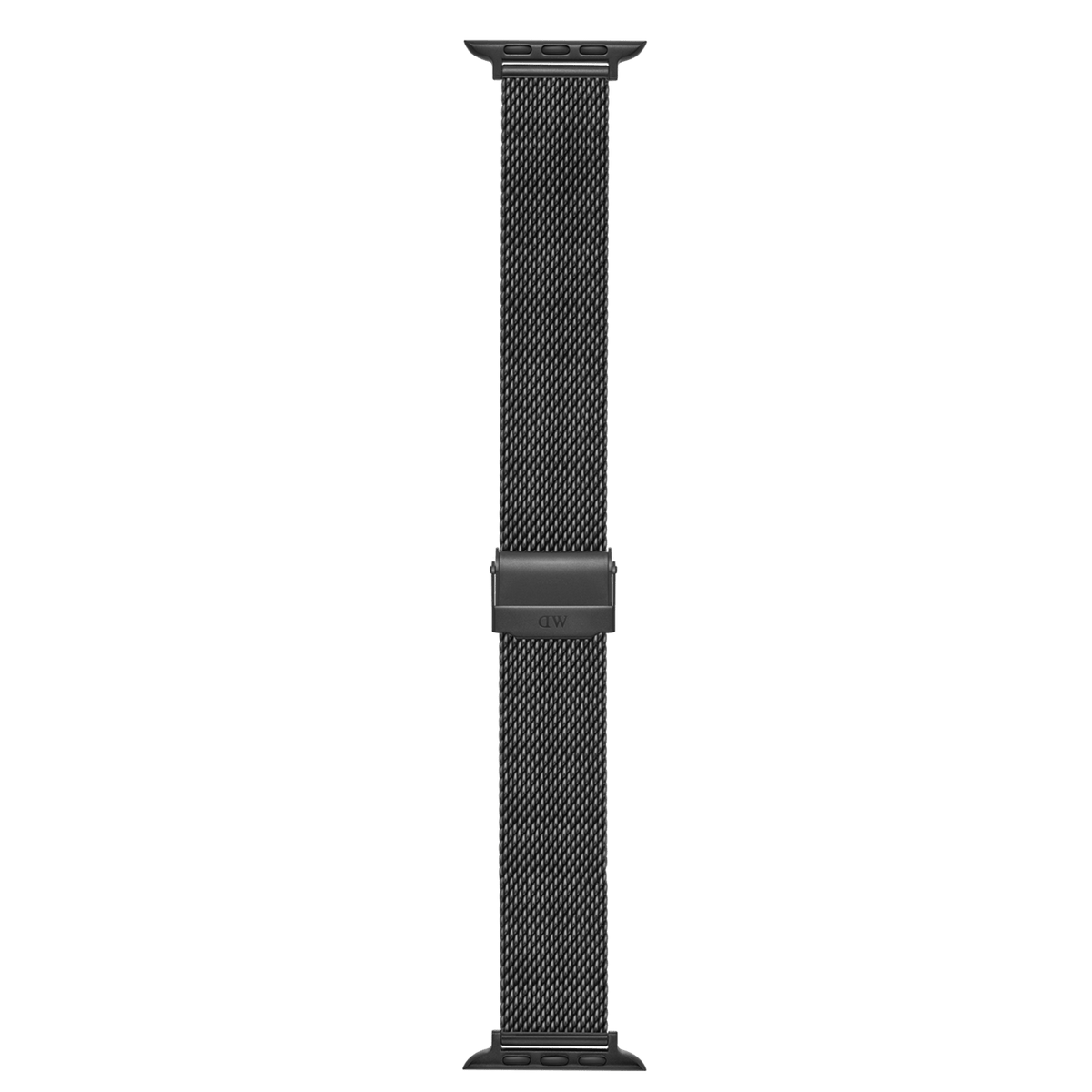 Smartwatch Strap Sandblasted Mesh Black displayed flat, showing the full length of the sandblasted black stainless steel mesh band and adjustable clasp, designed for Apple Watch compatibility and all-day comfort.