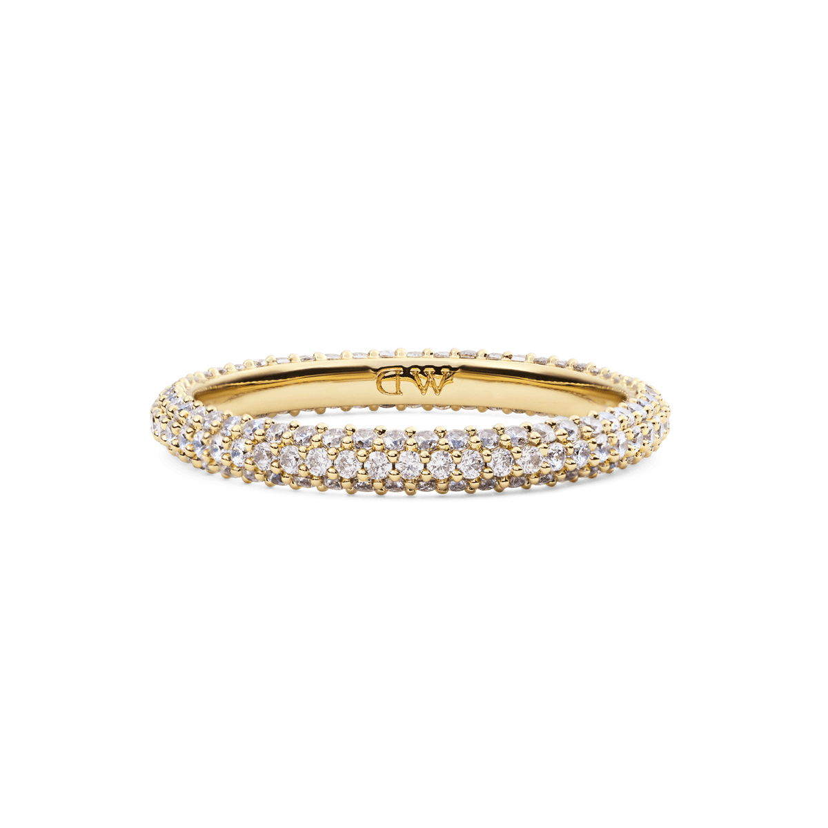 The Pavé Ring Gold 3 mm features three rows of white cubic zirconia crystals set in a slim gold plated band, offering a sparkling and elegant look suitable for everyday wear or special occasions.