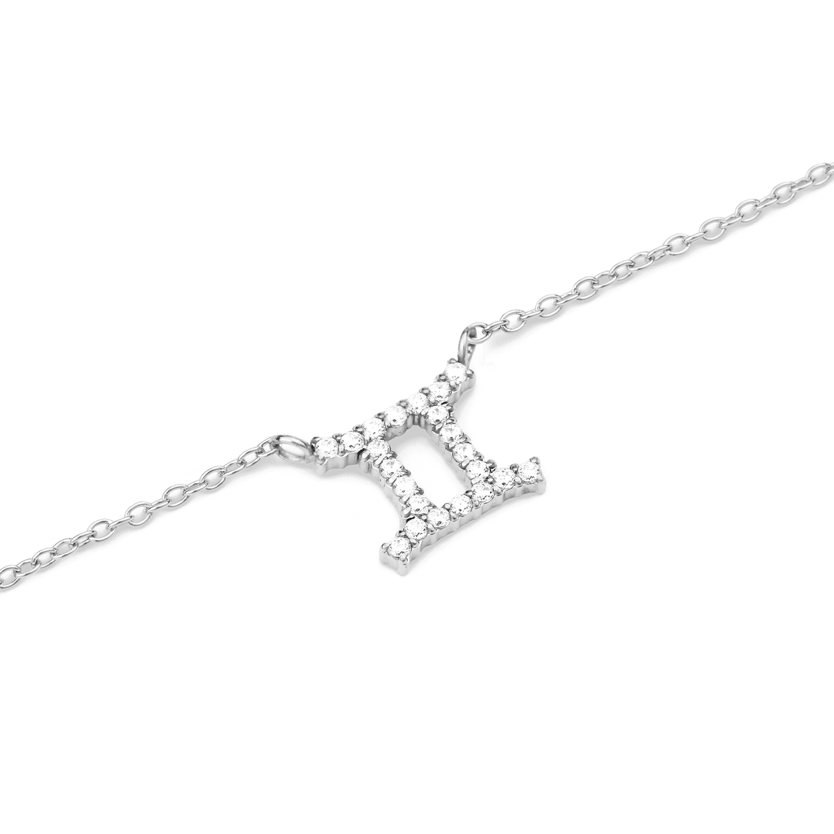 Crystal Zodiac Chain Necklace Silver with a Gemini zodiac pendant, crafted in silver and set with sparkling hand-placed crystals on a fine chain.