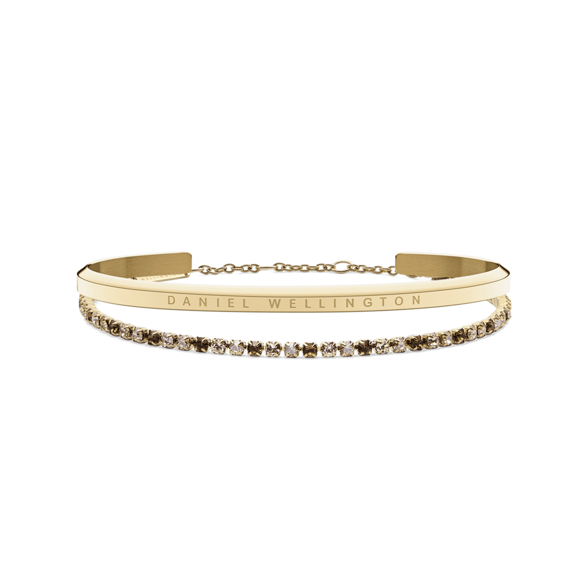 Classic Bracelet Gold & Tennis Bracelet Honey Combo Gold featuring a slim polished gold cuff engraved with Daniel Wellington and a delicate tennis bracelet with honey-coloured stones set in a gold chain, displayed side by side.