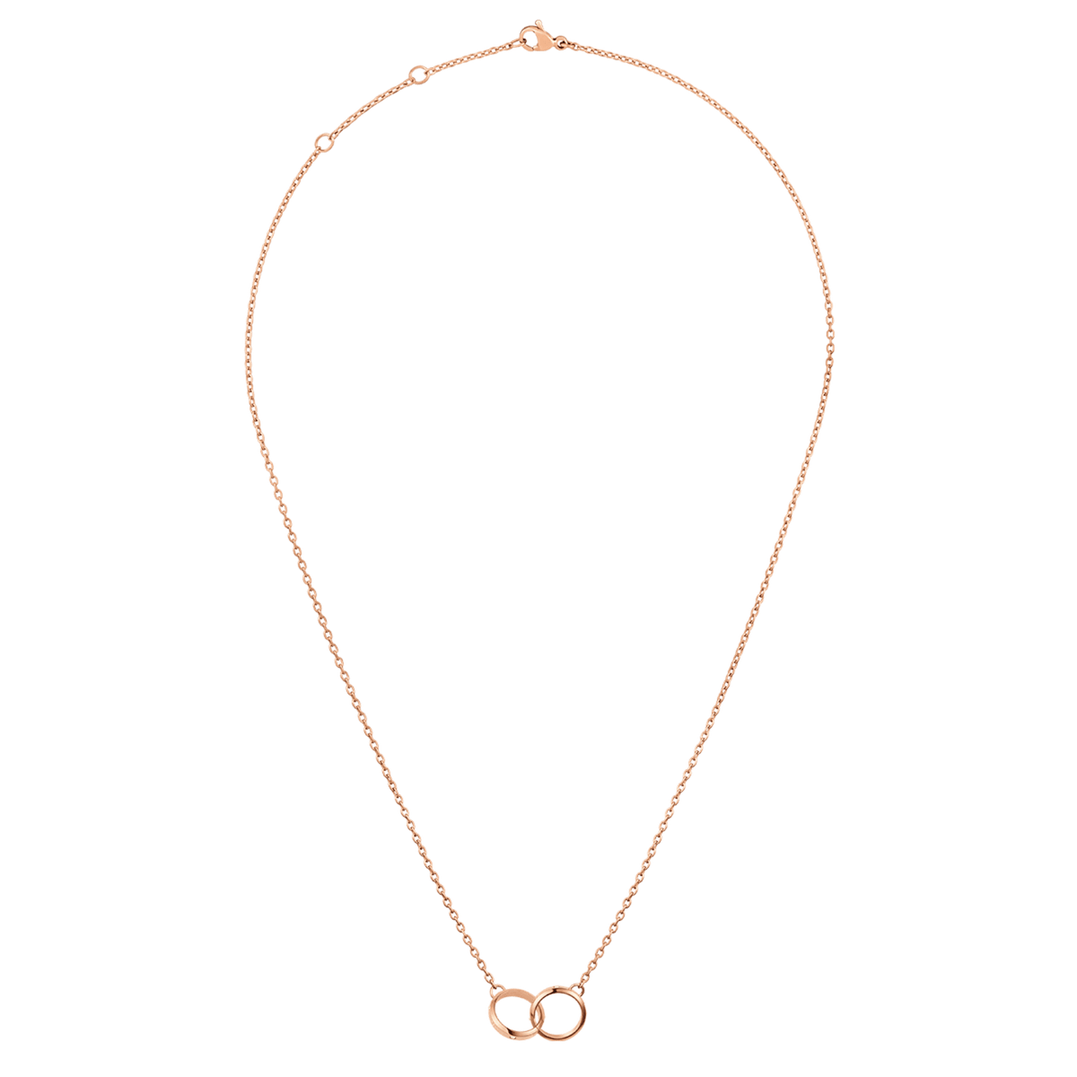 Classic Lumine Unity Rose Gold necklace with a fine adjustable chain and two interlocking rose gold rings as a pendant, designed for a minimalist and elegant look.