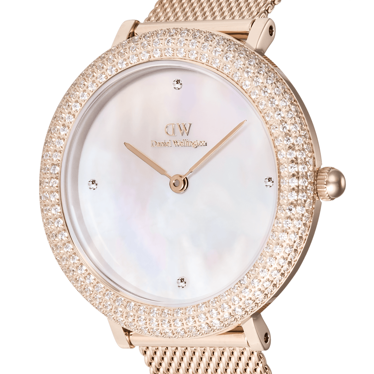 Close-up of the Crystalline Bezel Melrose rose gold ladies watch, highlighting its double row of sparkling crystals around the bezel, white mother of pearl dial with four crystal markers, and elegant rose gold mesh strap.