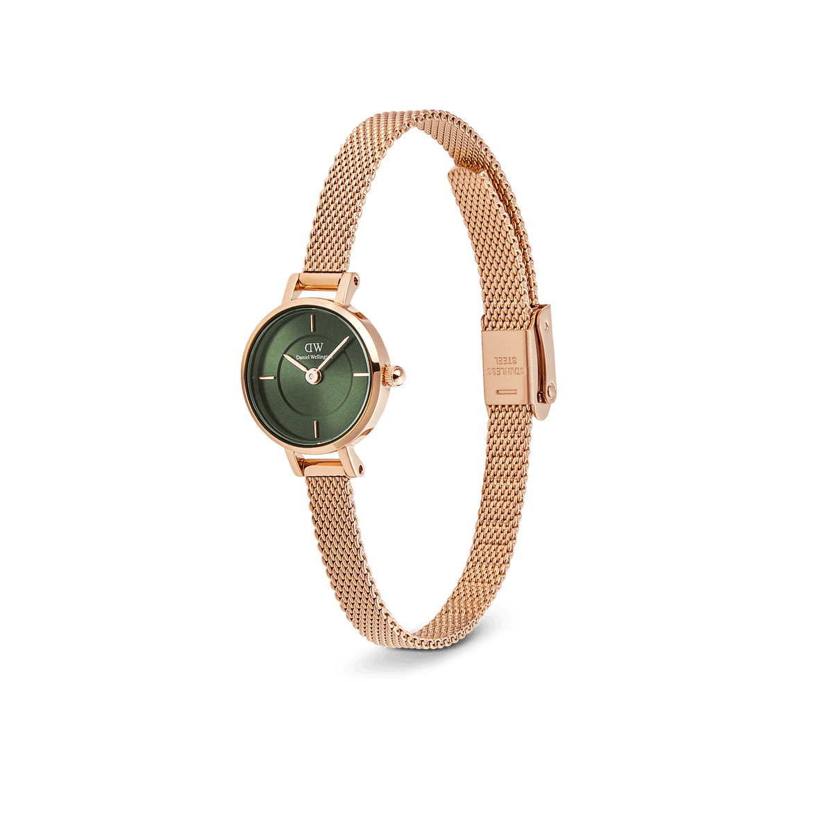 Petite Mini Emerald Melrose watch with a 19mm rose gold case, emerald green sunray dial, and slim rose gold mesh strap featuring a stainless steel safety clasp.