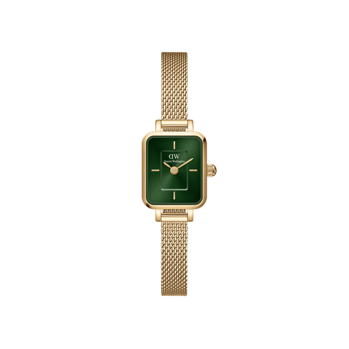 Quadro Mini Evergold Emerald gold watch for women featuring a rectangular case, emerald green dial, and a delicate gold mesh strap, designed for petite wrists and everyday elegance.