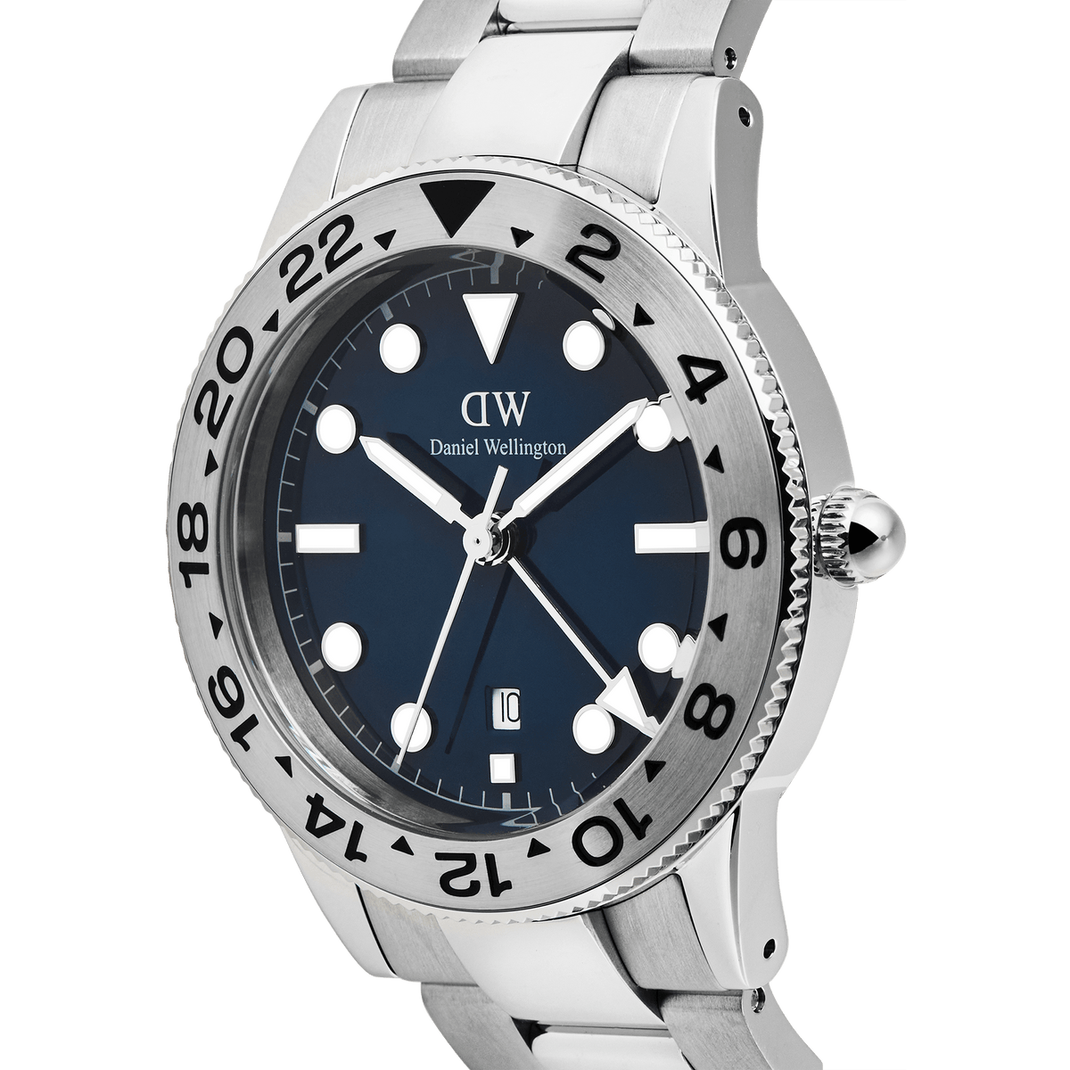 Close-up of the Daniel Wellington Iconic GMT Link Brushed Bezel Silver watch showing the blue dial, brushed silver 24-hour bezel, and stainless steel bracelet with a date window at six o'clock.