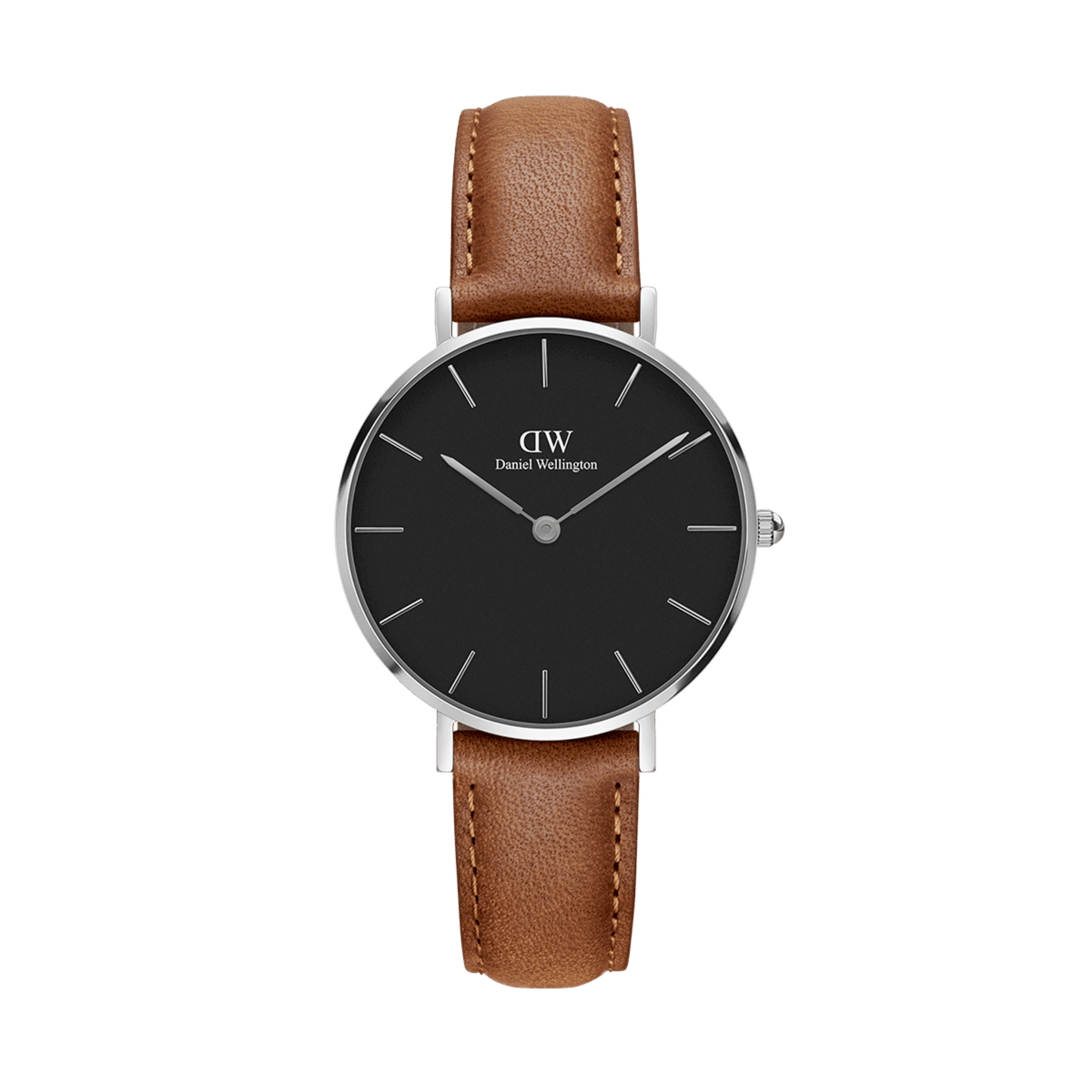 Petite Durham Black Silver ladies watch with a sleek black dial, polished silver case, and light brown genuine leather strap, featuring a minimalist design and slim profile ideal for everyday wear.
