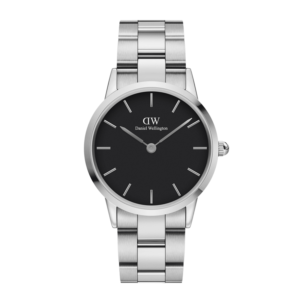 Daniel Wellington Iconic Link watch with a brushed stainless steel bracelet, minimalist black dial, and slim silver hour markers, designed for a modern yet timeless look.