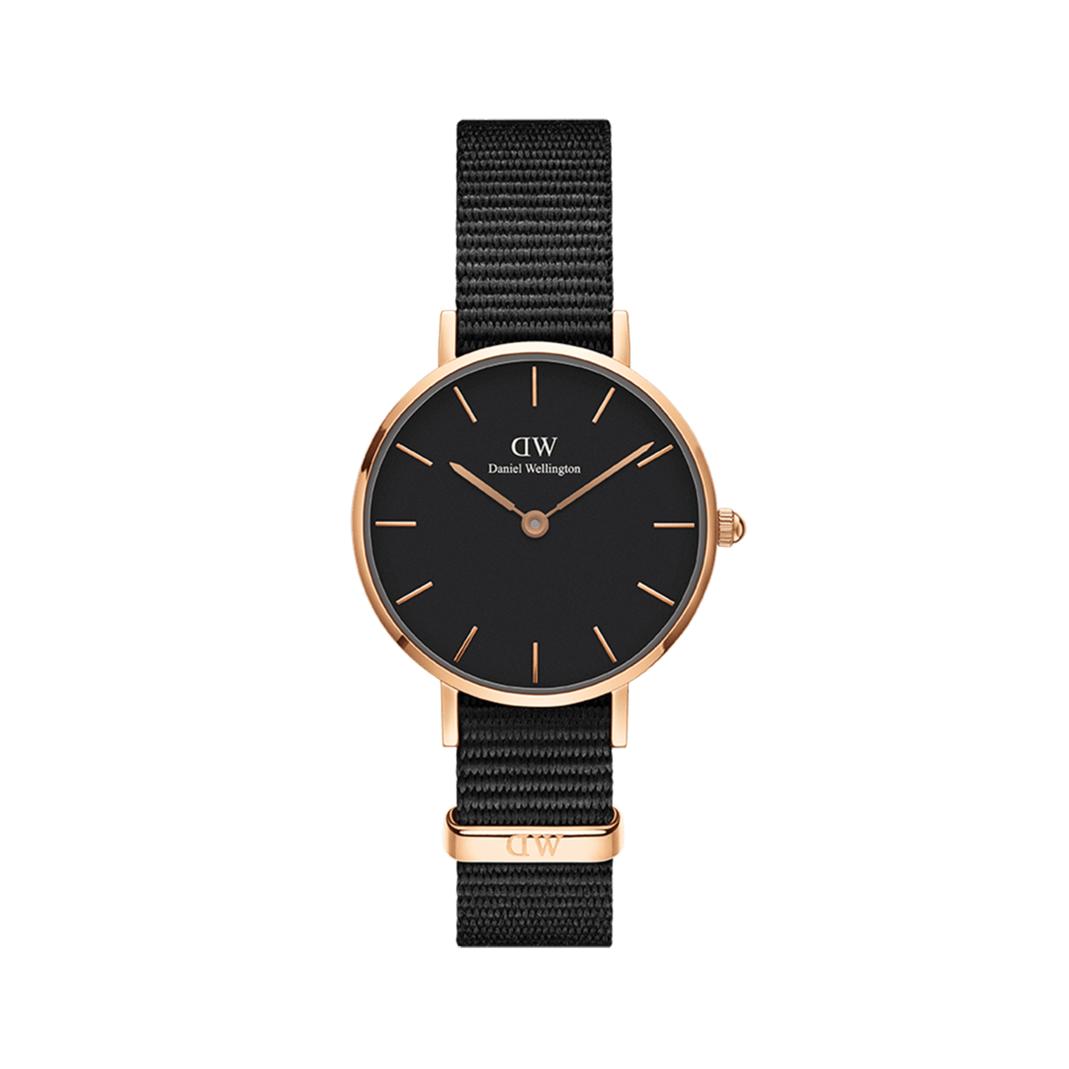 Petite Cornwall Black Rose Gold women’s watch with a minimalist black dial, rose gold stainless steel case, and an adjustable black NATO strap, offering a refined and versatile look for everyday wear.