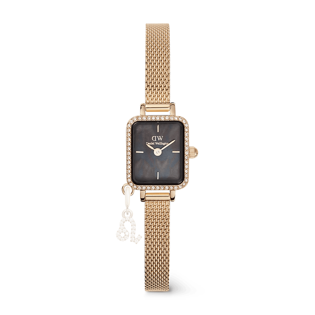 Quadro Mini Crystal Zodiac Evergold gold watch with a rectangular case, black mother of pearl dial, crystal-studded bezel, slim gold mesh strap, and a detachable zodiac charm.