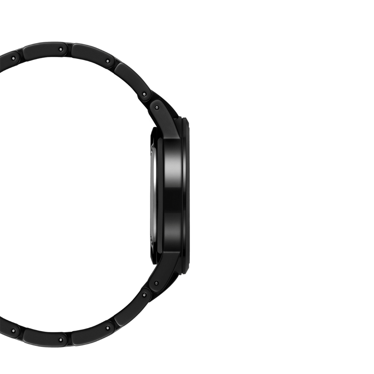 Side profile of the Iconic Link Ceramic watch, highlighting its slim case and smooth black ceramic bracelet designed for a comfortable fit on the wrist.