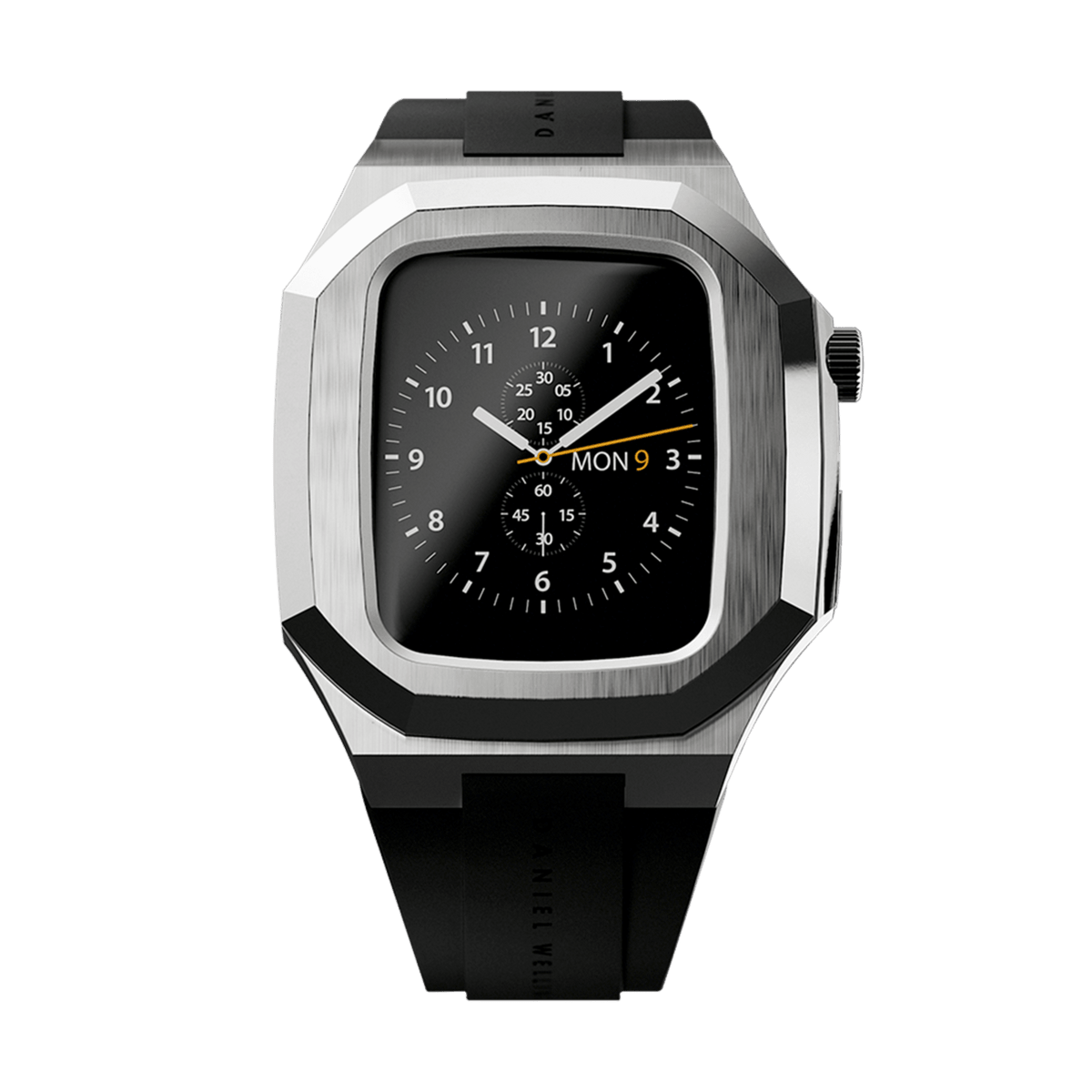 Switch Silver Apple Watch case in brushed stainless steel with a geometric octagonal shape, paired with a black rubber strap and deployment clasp, designed for 40mm Apple Watch models.